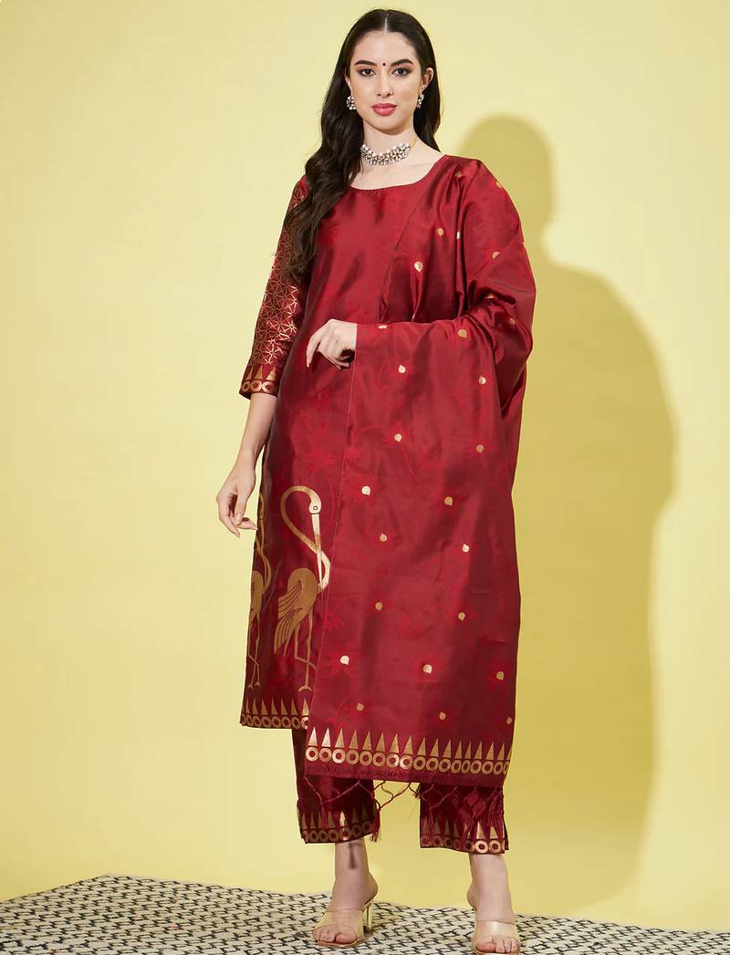 Floral printed cotton silk round neck kurta trouser & dupatta set