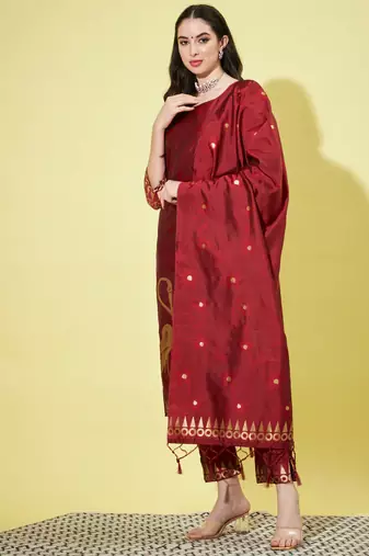 Floral printed cotton silk round neck kurta trouser & dupatta set