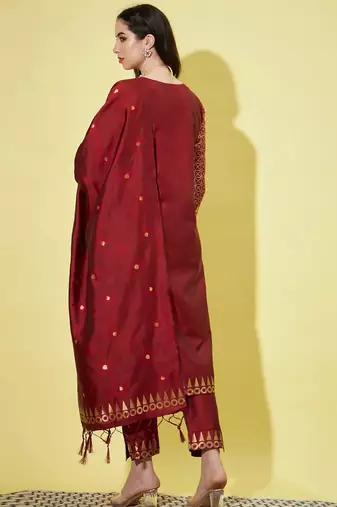 Floral printed cotton silk round neck kurta trouser & dupatta set
