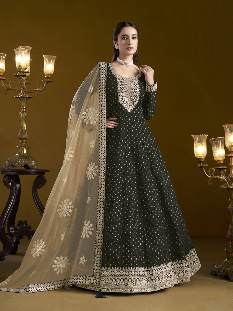  Black Chanderi Butti Taffeta Anarkali Suit