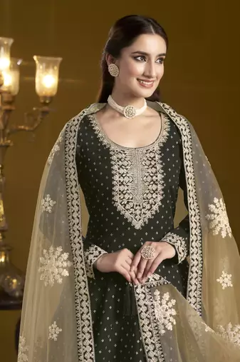 Black Chanderi Butti Taffeta Anarkali Suit
