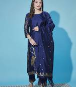 Floral printed cotton silk round neck kurta trouser & dupatta set