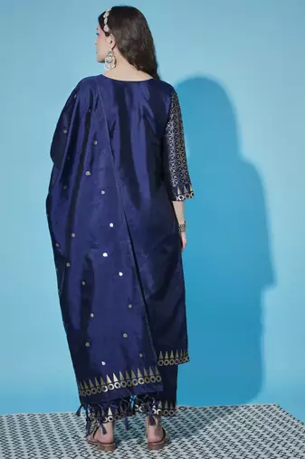 Floral printed cotton silk round neck kurta trouser & dupatta set