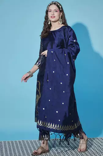 Floral printed cotton silk round neck kurta trouser & dupatta set