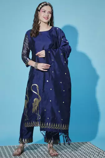 Floral printed cotton silk round neck kurta trouser & dupatta set