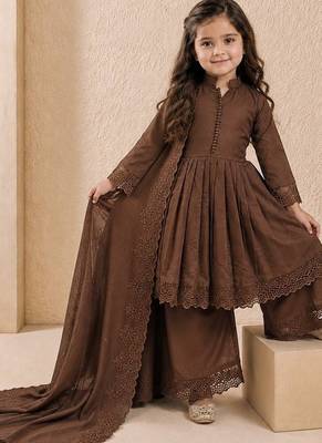 Girls brown roman silk pleated anarkali kurta with palazzo & dupatta set 1