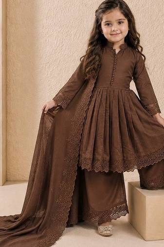 Girls brown roman silk pleated anarkali kurta with palazzo & dupatta set