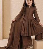 Girls brown roman silk pleated anarkali kurta with palazzo & dupatta set