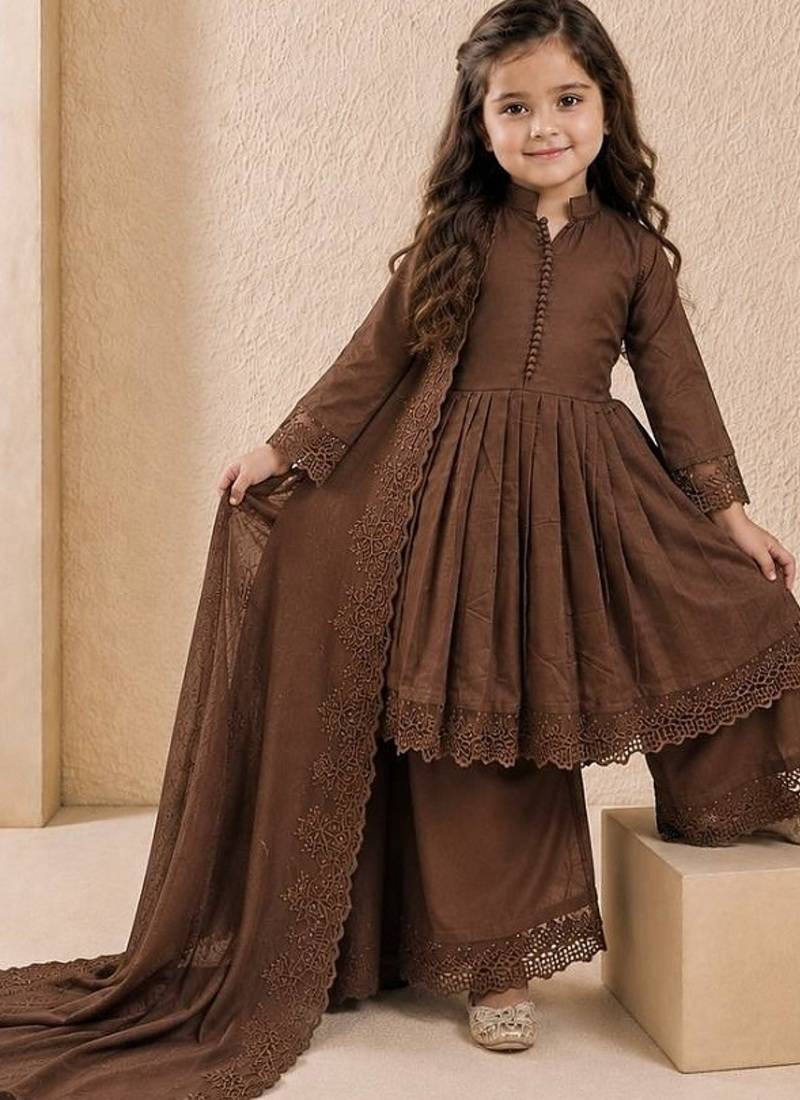 Girls brown roman silk pleated anarkali kurta with palazzo & dupatta set