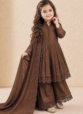 Girls brown roman silk pleated anarkali kurta with palazzo & dupatta set 2