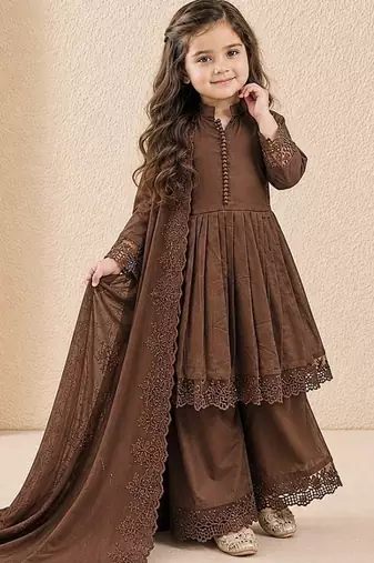 Girls brown roman silk pleated anarkali kurta with palazzo & dupatta set