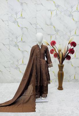 Girls brown roman silk pleated anarkali kurta with palazzo & dupatta set 3