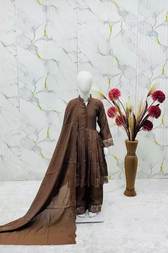 Girls brown roman silk pleated anarkali kurta with palazzo & dupatta set