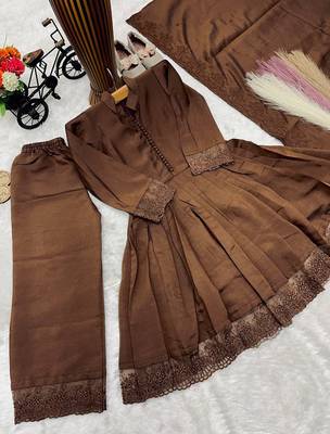 Girls brown roman silk pleated anarkali kurta with palazzo & dupatta set 4