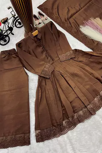 Girls brown roman silk pleated anarkali kurta with palazzo & dupatta set