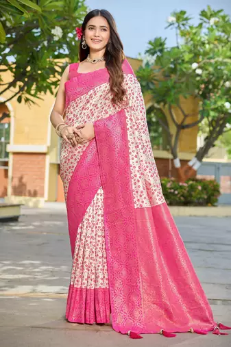Banarasi satin blend saree floral zari woven saree with white color and pink border tassels with elegant look