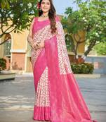 Banarasi satin blend saree floral zari woven saree with white color and pink border tassels with elegant look