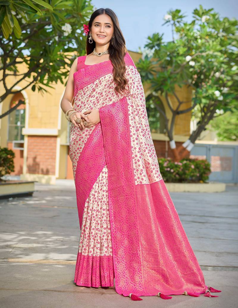 Banarasi satin blend saree floral zari woven saree with white color and pink border tassels with elegant look