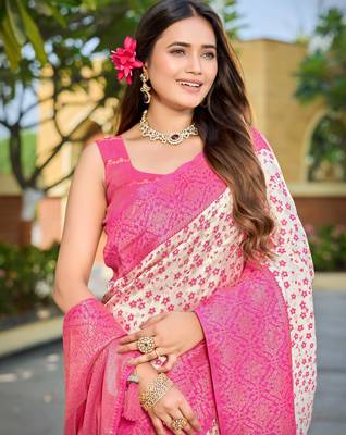 Banarasi satin blend saree floral zari woven saree with white color and pink border tassels with elegant look 3