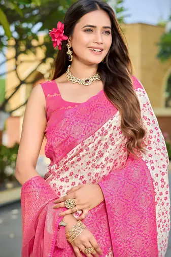 Banarasi satin blend saree floral zari woven saree with white color and pink border tassels with elegant look