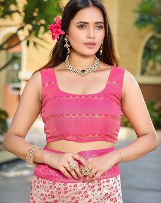 Banarasi satin blend saree floral zari woven saree with white color and pink border tassels with elegant look 4