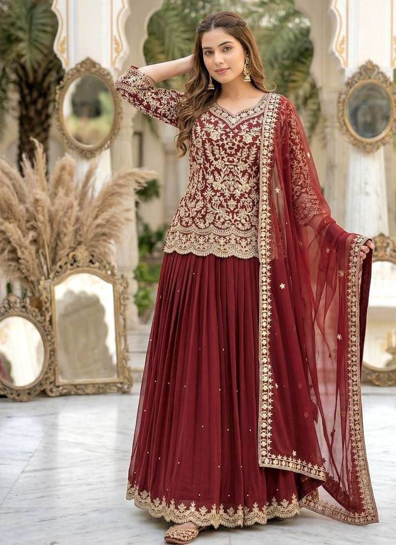 Maroon georgette  party wear embroidery  TOP LEHENGA  CHOLI
