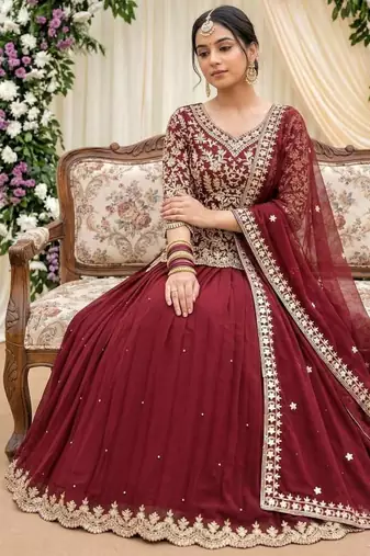 Maroon georgette  party wear embroidery  TOP LEHENGA  CHOLI