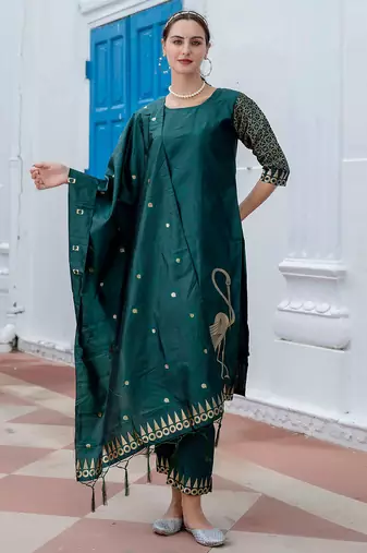 Floral printed cotton silk round neck kurta trouser & dupatta set