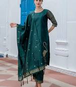 Floral printed cotton silk round neck kurta trouser & dupatta set