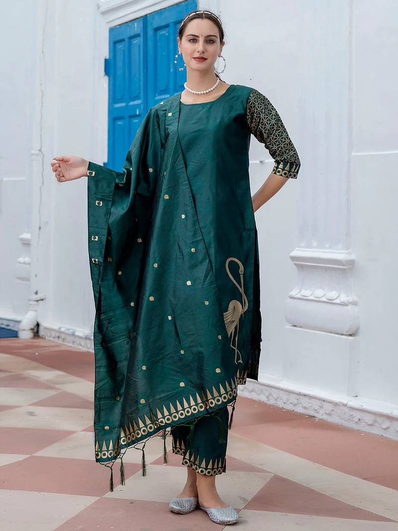 Floral printed cotton silk round neck kurta trouser & dupatta set