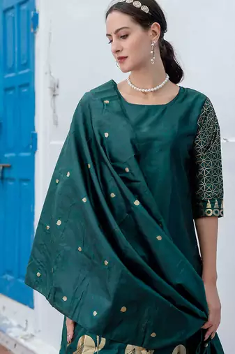 Floral printed cotton silk round neck kurta trouser & dupatta set
