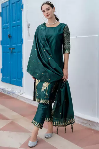 Floral printed cotton silk round neck kurta trouser & dupatta set