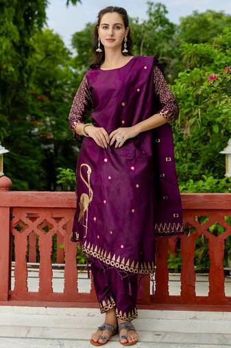Floral printed cotton silk round neck kurta trouser & dupatta set