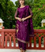 Floral printed cotton silk round neck kurta trouser & dupatta set