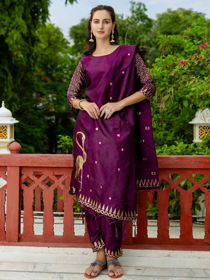 Floral printed cotton silk round neck kurta trouser & dupatta set