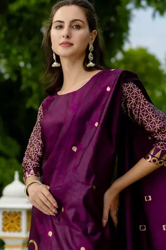 Floral printed cotton silk round neck kurta trouser & dupatta set