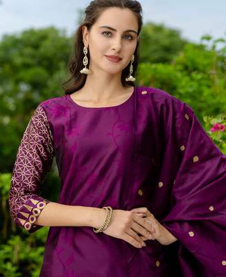 Floral printed cotton silk round neck kurta trouser & dupatta set 3