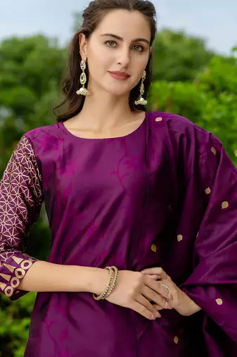 Floral printed cotton silk round neck kurta trouser & dupatta set