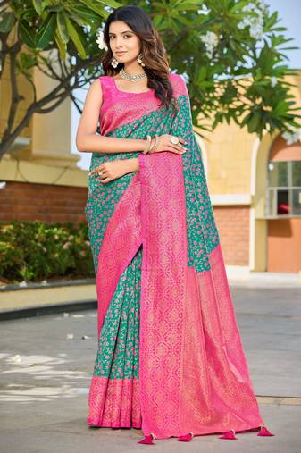 Banarasi satin silk saree floral zari woven saree with rama green and pink border tassels with elegant look