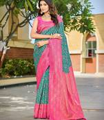 Banarasi satin silk saree floral zari woven saree with rama green and pink border tassels with elegant look