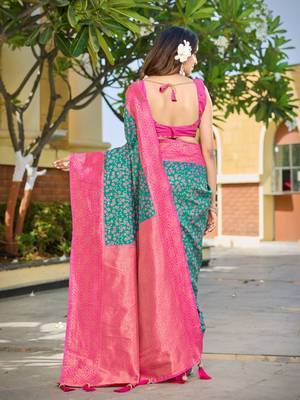 Banarasi satin silk saree floral zari woven saree with rama green and pink border tassels with elegant look 2