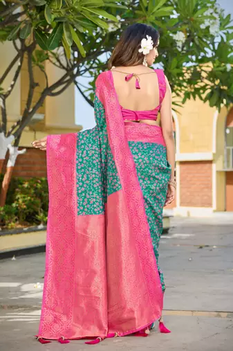 Banarasi satin silk saree floral zari woven saree with rama green and pink border tassels with elegant look