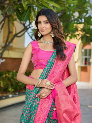 Banarasi satin silk saree floral zari woven saree with rama green and pink border tassels with elegant look 3
