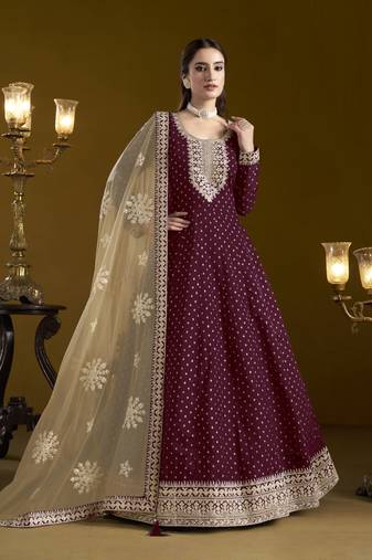 wine chanderi butti Anarkali Suit