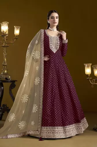 wine chanderi butti Anarkali Suit