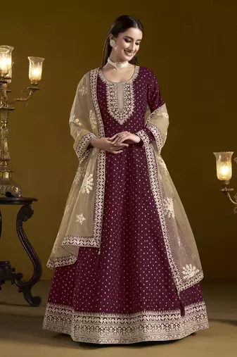 wine chanderi butti Anarkali Suit