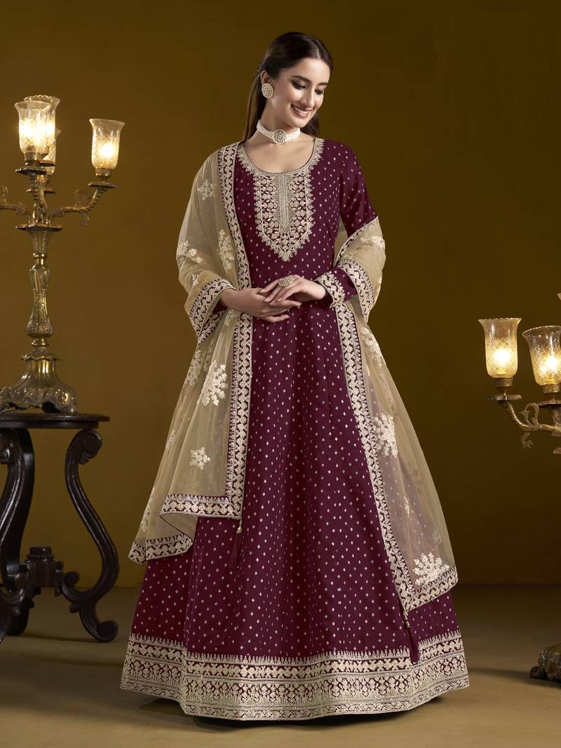 wine chanderi butti Anarkali Suit