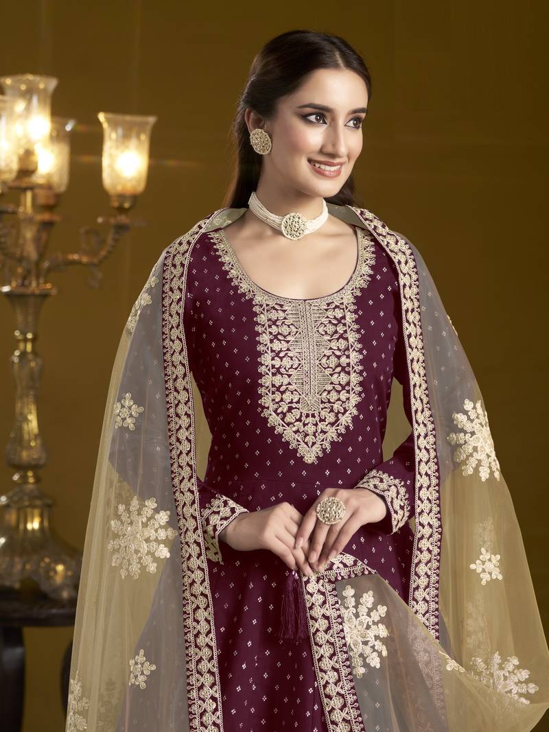 wine chanderi butti Anarkali Suit