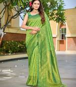 Banarasi satin silk saree floral zari woven saree with parrot green and green border tassel with elegance look