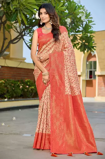 Banarasi satin silk saree floral zari woven saree with cream color and orange border tassel with elegance look
